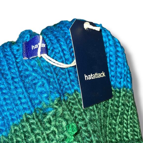 Hat Attack Beanie Cap Knit Happy Stripes Faux Fur Pom Skull Gift OS Blue Green - Picture 6 of 9